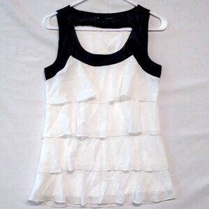 Maurices White Layered Ruffle Tank Top Black Contrast Trim Small Polyester EUC